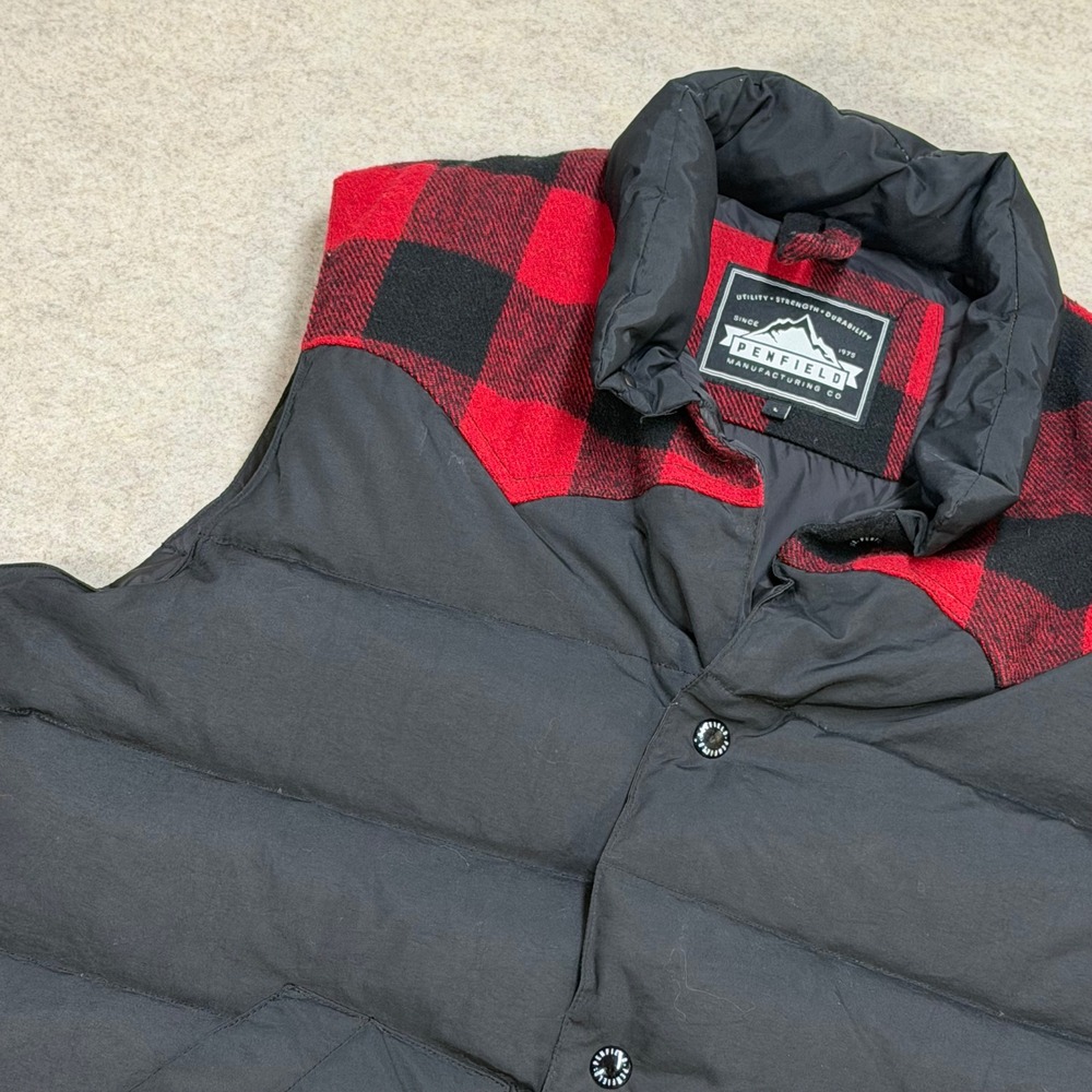 Penfield Mens Puffer Vest Black Red Buffalo Plaid Yoke Snap Front Large Outdoor
